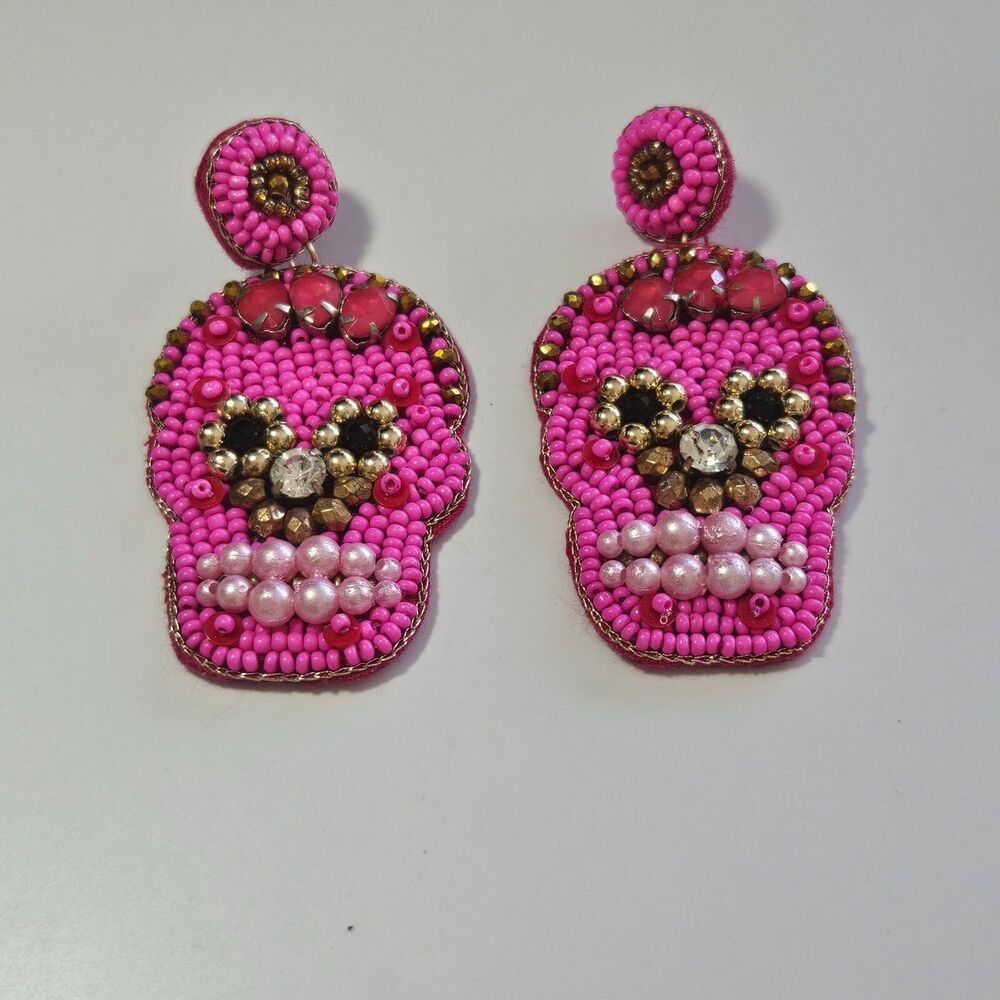 Sugar Skull Pink Sead Beaded Statement Earrings Dangling Cute Skull Feminine